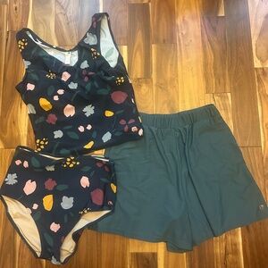 Honey Mark Swim Shorts Trunk & top L Blue Floral Green Modest Nursing friendly